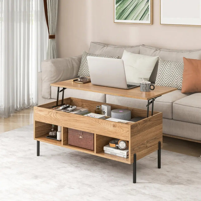 Living Room Central Table with Lifting Tabletop and Metal Legs-Natural - Natural - Living Room