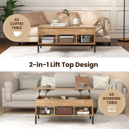 Living Room Central Table with Lifting Tabletop and Metal Legs-Natural - Natural - Living Room