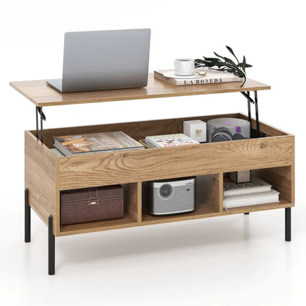 Living Room Central Table with Lifting Tabletop and Metal Legs-Natural - Natural - Living Room