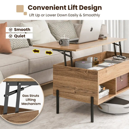 Living Room Central Table with Lifting Tabletop and Metal Legs-Natural - Natural - Living Room