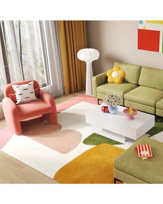 Living Room Deluxe Furniture Set-Accent Chair + Modular L-Shaped Sectional Sofa + LED Coffee Table - Living Room