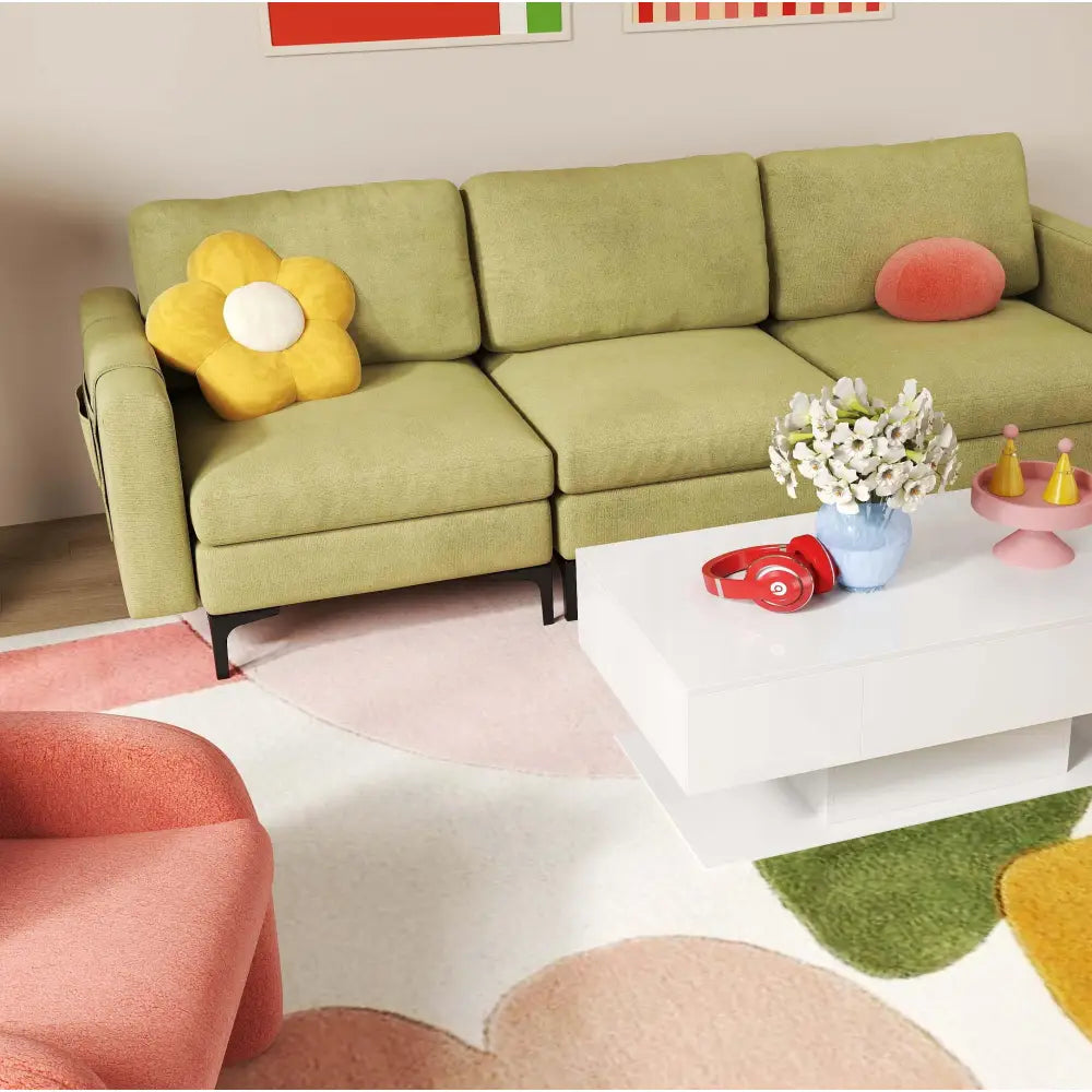 Living Room Deluxe Furniture Set-Accent Chair + Modular L-Shaped Sectional Sofa + LED Coffee Table - Living Room