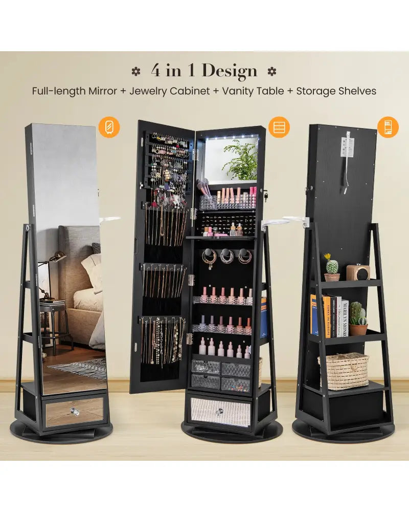 Lockable 360° Swivel Jewelry Cabinet with Full-Length Mirror LED Lights-Black - Black - Jewelry Armoires