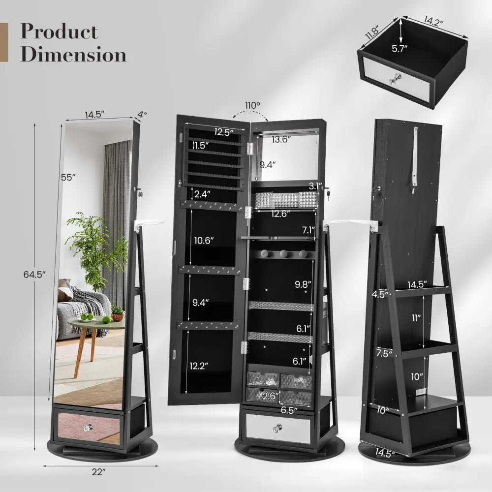 Lockable 360° Swivel Jewelry Cabinet with Full-Length Mirror LED Lights-Black - Black - Jewelry Armoires