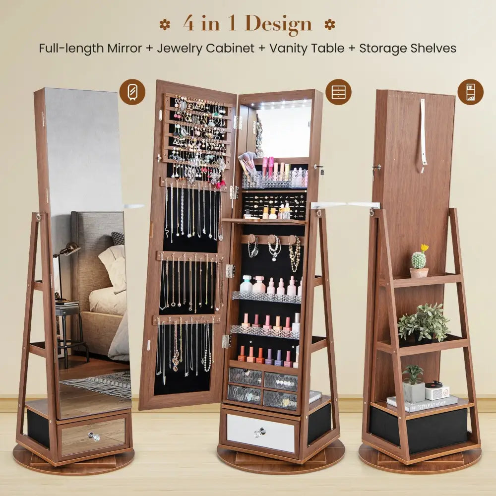 Lockable 360° Swivel Jewelry Cabinet with Full-Length Mirror LED Lights-Walnut - Walnut - Jewelry Armoires