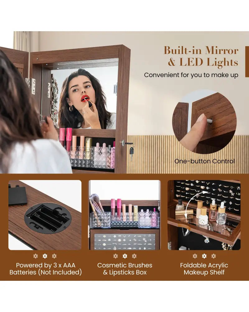 Lockable 360° Swivel Jewelry Cabinet with Full-Length Mirror LED Lights-Walnut - Walnut - Jewelry Armoires
