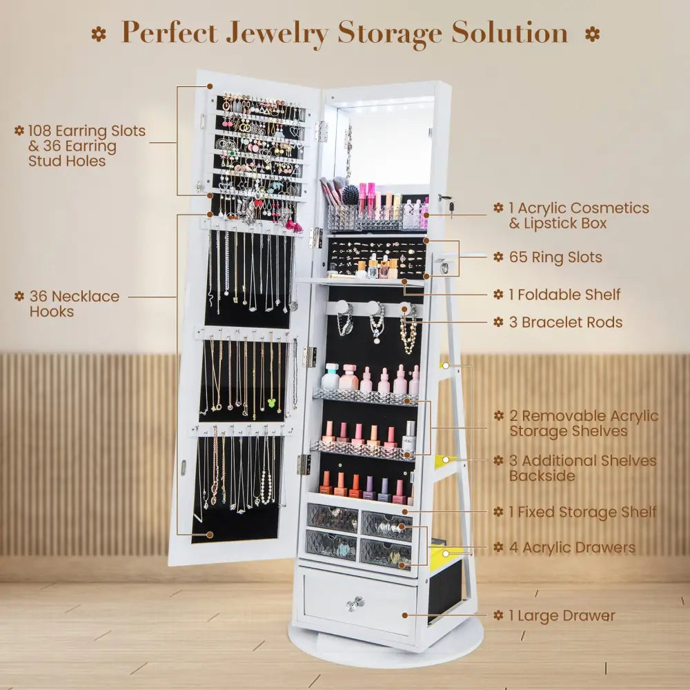 Lockable 360° Swivel Jewelry Cabinet with Full-Length Mirror LED Lights-White - White - Jewelry Armoires