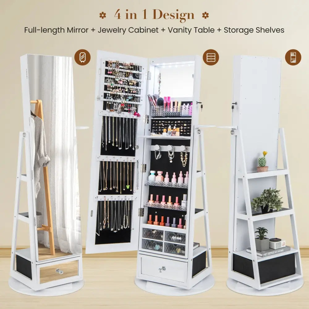 Lockable 360° Swivel Jewelry Cabinet with Full-Length Mirror LED Lights-White - White - Jewelry Armoires