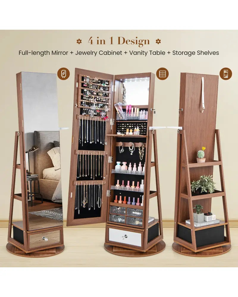 Lockable 360° Swivel Jewelry Cabinet with Full-Length Mirror LED Lights-Walnut - Walnut - Jewelry Armoires
