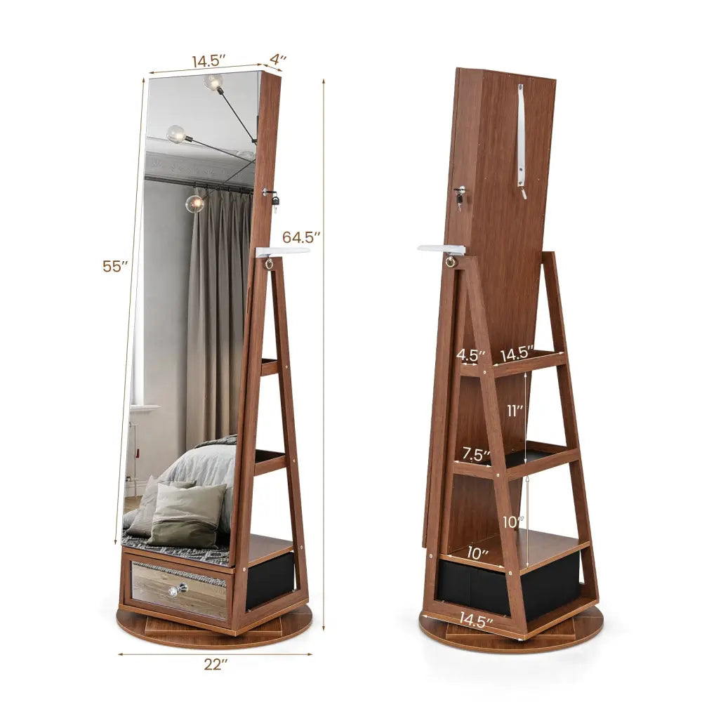 Lockable 360° Swivel Jewelry Cabinet with Full-Length Mirror LED Lights-Walnut - Walnut - Jewelry Armoires