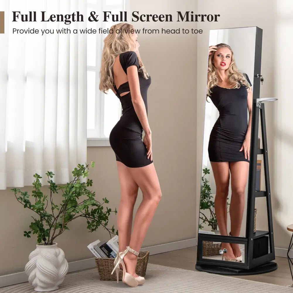 Lockable 360° Swivel Jewelry Cabinet with Full-Length Mirror LED Lights-Black - Black - Jewelry Armoires