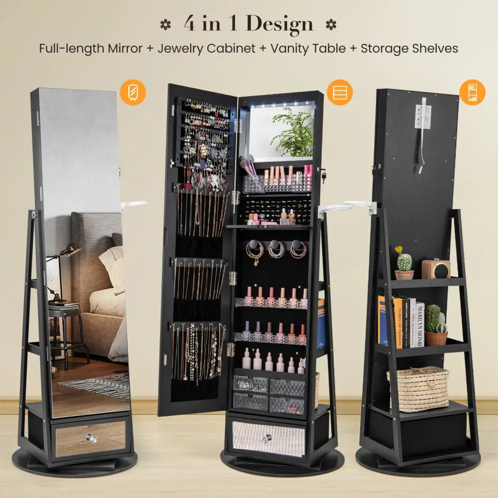 Lockable 360° Swivel Jewelry Cabinet with Full-Length Mirror LED Lights-Black - Black - Jewelry Armoires