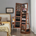 Lockable 360° Swivel Jewelry Cabinet with Full-Length Mirror LED Lights-Walnut - Walnut - Jewelry Armoires