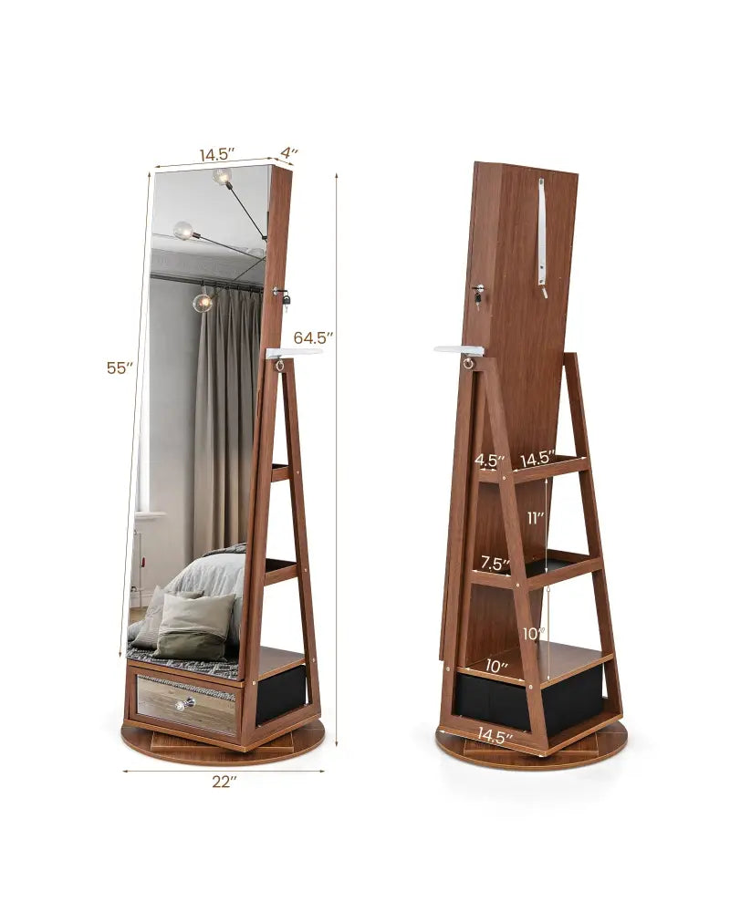 Lockable 360° Swivel Jewelry Cabinet with Full-Length Mirror LED Lights-Walnut - Walnut - Jewelry Armoires