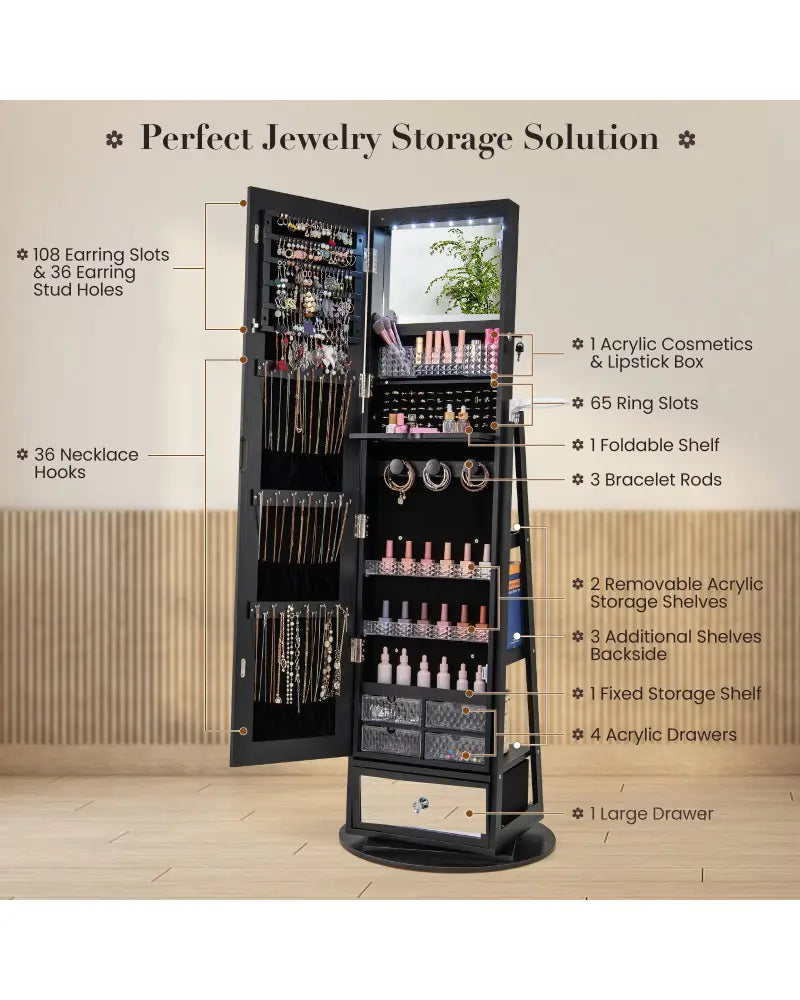 Lockable 360° Swivel Jewelry Cabinet with Full-Length Mirror LED Lights-Black - Black - Jewelry Armoires