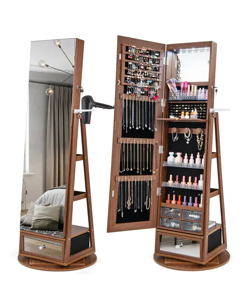Lockable 360° Swivel Jewelry Cabinet with Full-Length Mirror LED Lights-Walnut - Walnut - Jewelry Armoires