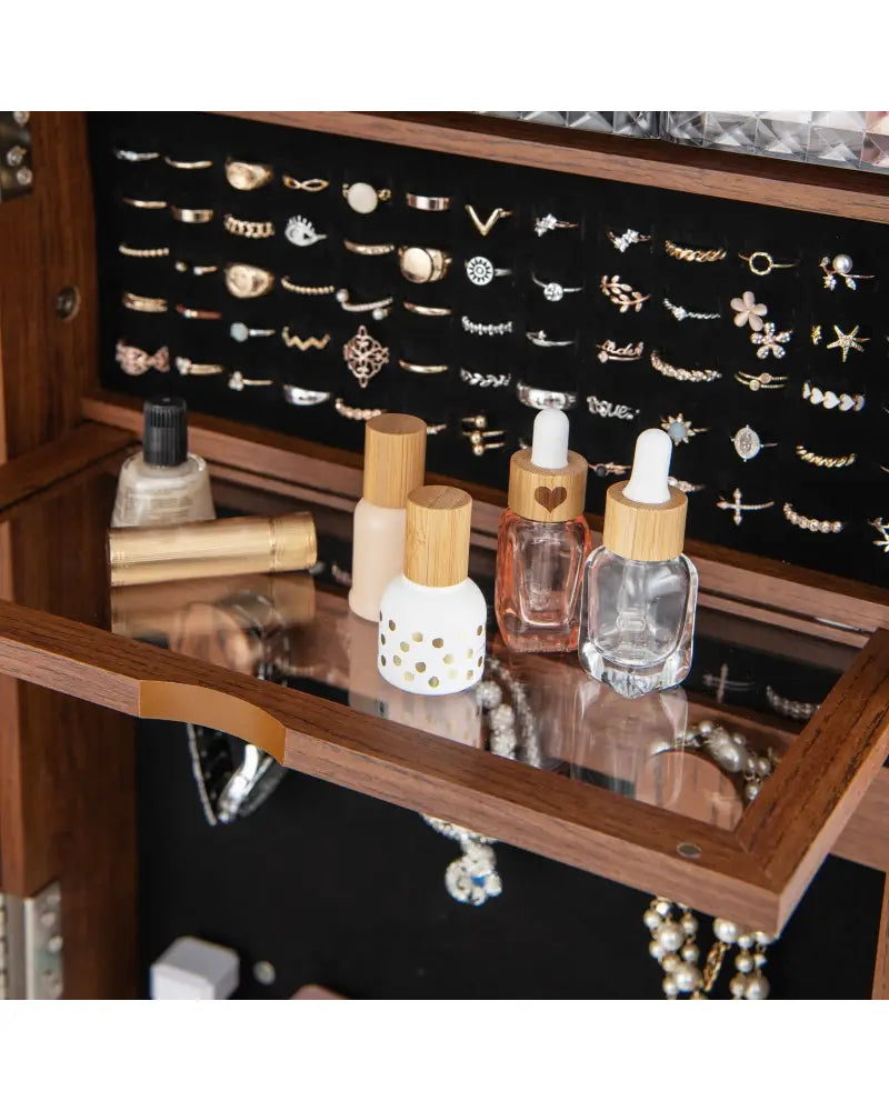 Lockable 360° Swivel Jewelry Cabinet with Full-Length Mirror LED Lights-Walnut - Walnut - Jewelry Armoires