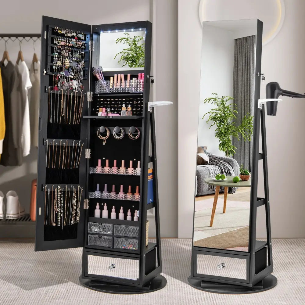 Lockable 360° Swivel Jewelry Cabinet with Full-Length Mirror LED Lights-Black - Black - Jewelry Armoires