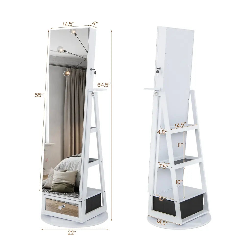 Lockable 360° Swivel Jewelry Cabinet with Full-Length Mirror LED Lights-White - White - Jewelry Armoires