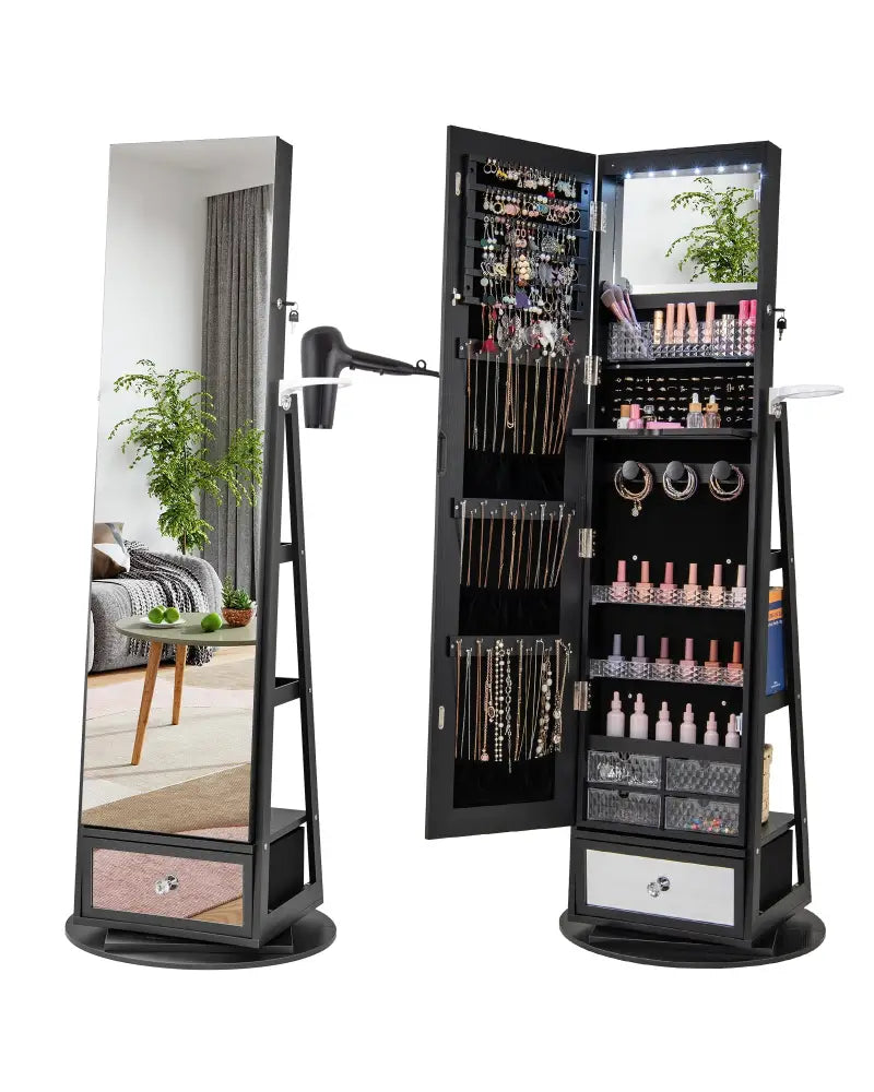 Lockable 360° Swivel Jewelry Cabinet with Full-Length Mirror LED Lights-Black - Black - Jewelry Armoires