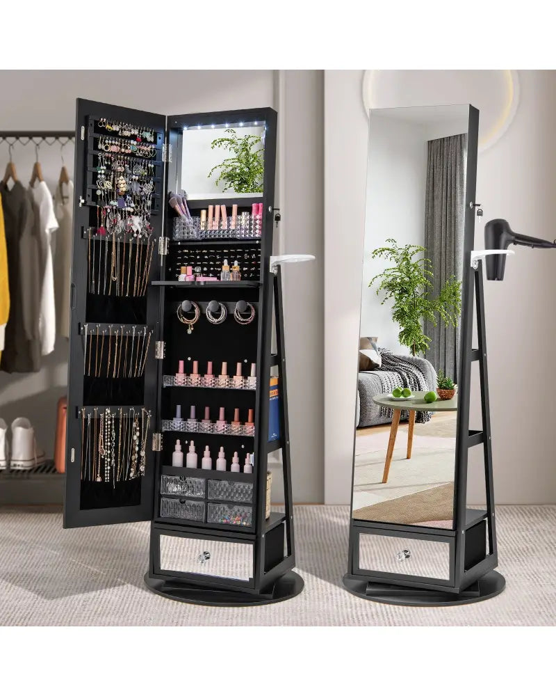 Lockable 360° Swivel Jewelry Cabinet with Full-Length Mirror LED Lights-Black - Black - Jewelry Armoires