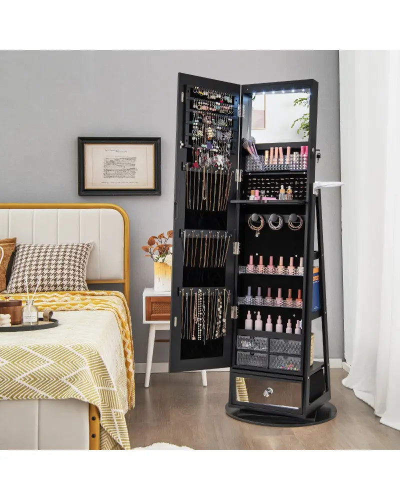 Lockable 360° Swivel Jewelry Cabinet with Full-Length Mirror LED Lights-Black - Black - Jewelry Armoires