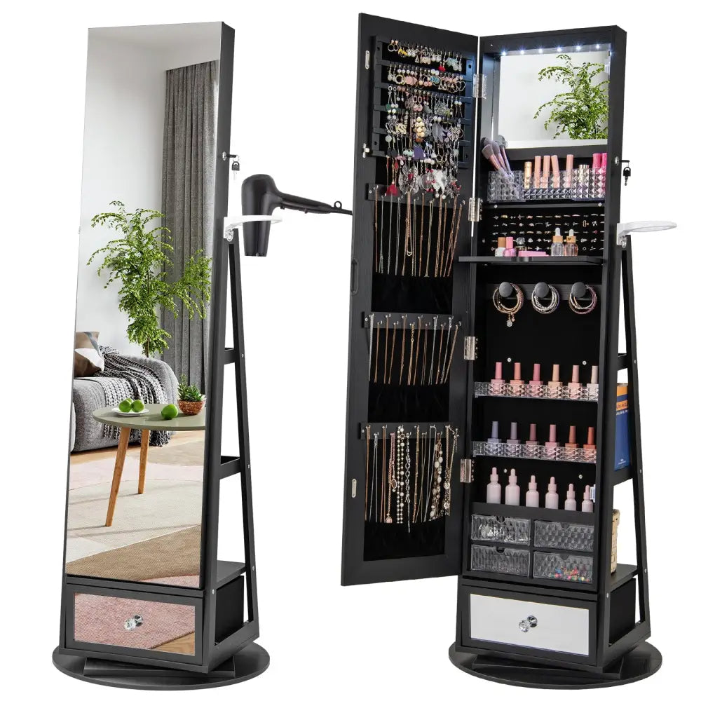 Lockable 360° Swivel Jewelry Cabinet with Full-Length Mirror LED Lights-Black - Black - Jewelry Armoires