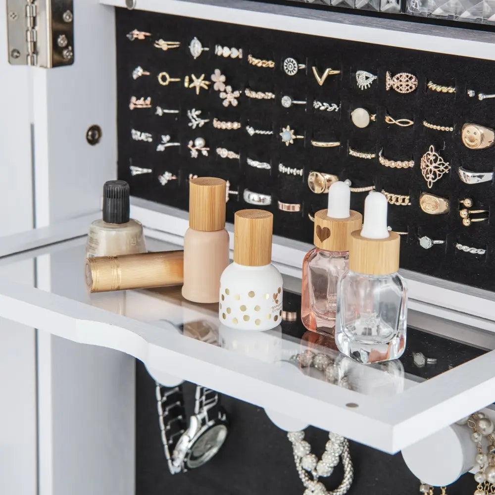 Lockable 360° Swivel Jewelry Cabinet with Full-Length Mirror LED Lights-White - White - Jewelry Armoires
