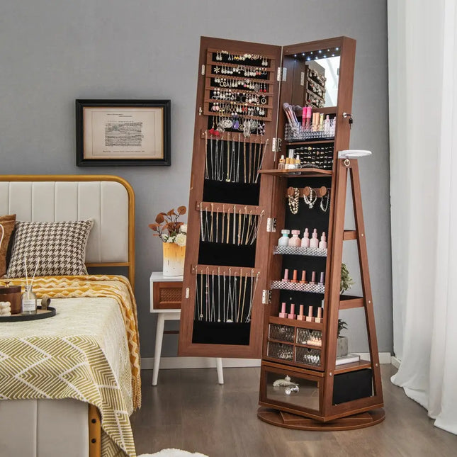 Lockable 360° Swivel Jewelry Cabinet with Full-Length Mirror LED Lights-Walnut - Walnut - Jewelry Armoires