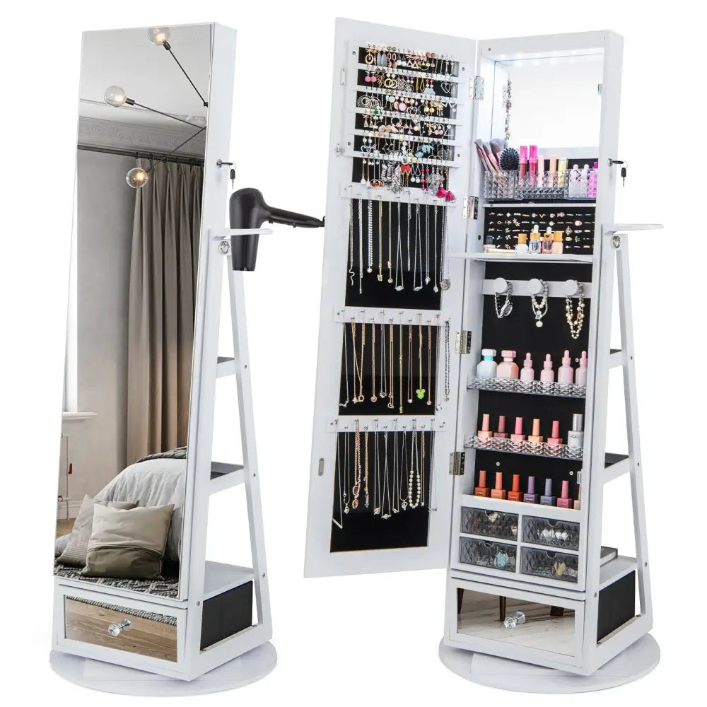 Lockable 360° Swivel Jewelry Cabinet with Full-Length Mirror LED Lights-White - White - Jewelry Armoires