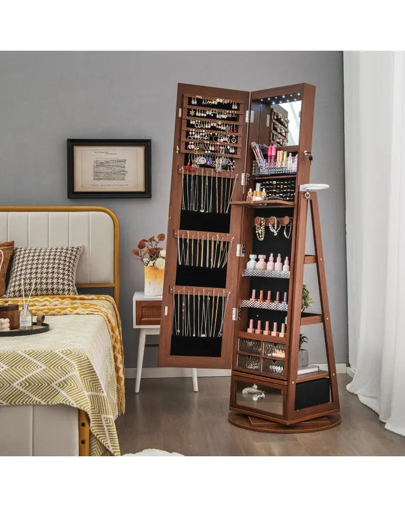 Lockable 360° Swivel Jewelry Cabinet with Full-Length Mirror LED Lights-Walnut - Walnut - Jewelry Armoires
