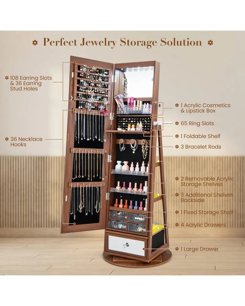 Lockable 360° Swivel Jewelry Cabinet with Full-Length Mirror LED Lights-Walnut - Walnut - Jewelry Armoires