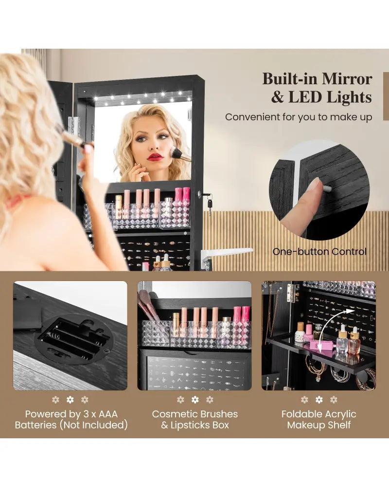 Lockable 360° Swivel Jewelry Cabinet with Full-Length Mirror LED Lights-Black - Black - Jewelry Armoires