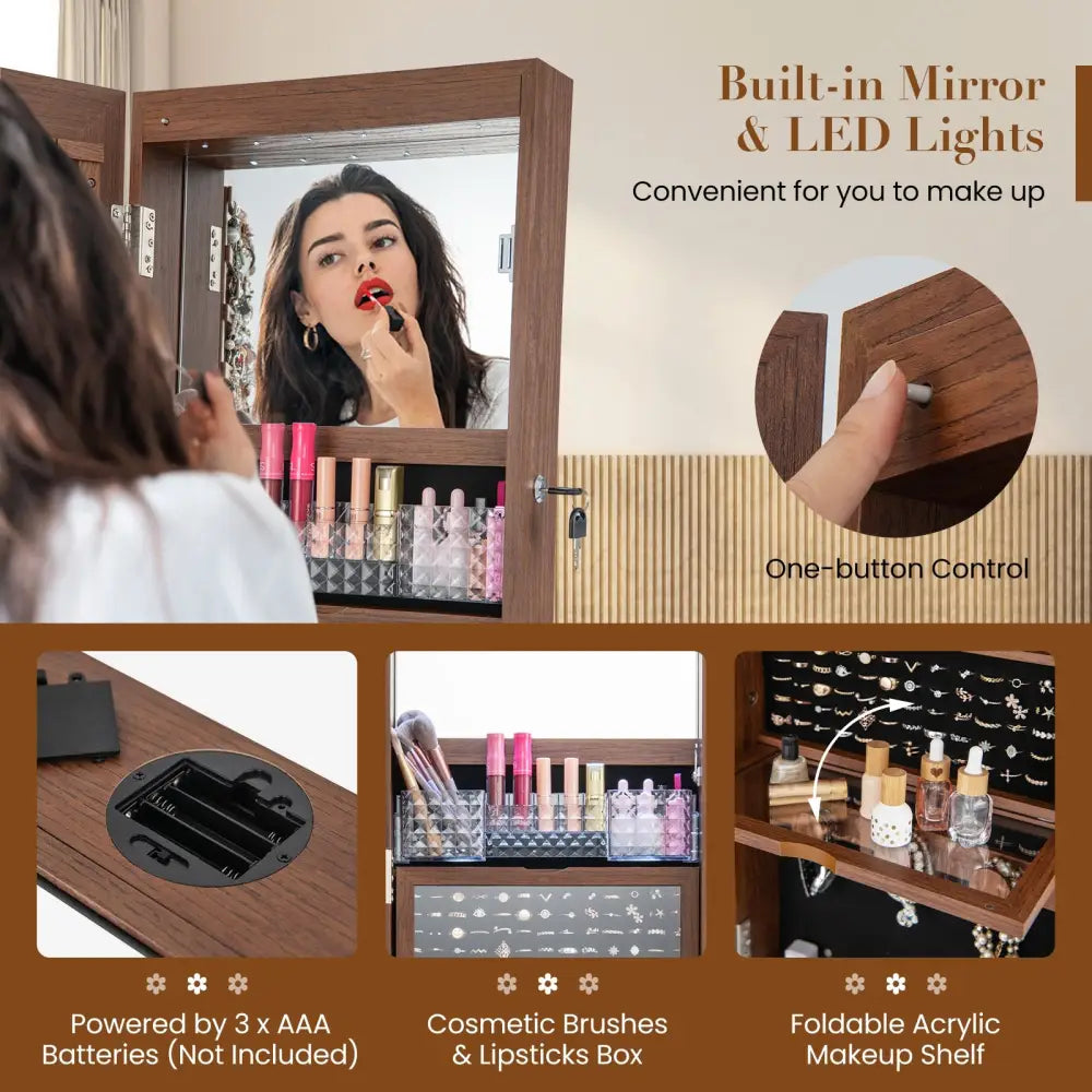 Lockable 360° Swivel Jewelry Cabinet with Full-Length Mirror LED Lights-Walnut - Walnut - Jewelry Armoires