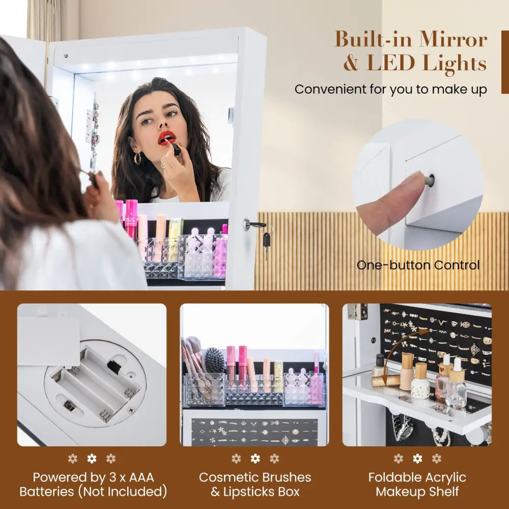 Lockable 360° Swivel Jewelry Cabinet with Full-Length Mirror LED Lights-White - White - Jewelry Armoires