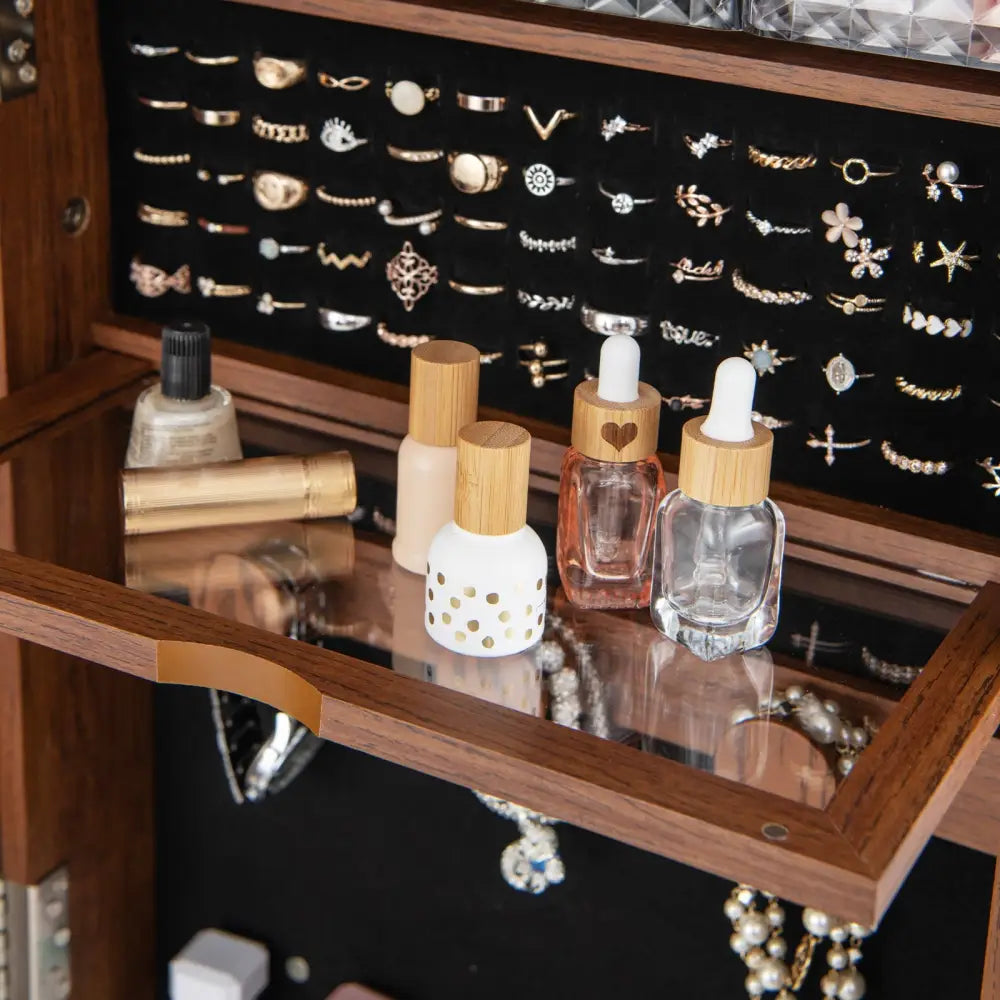 Lockable 360° Swivel Jewelry Cabinet with Full-Length Mirror LED Lights-Walnut - Walnut - Jewelry Armoires