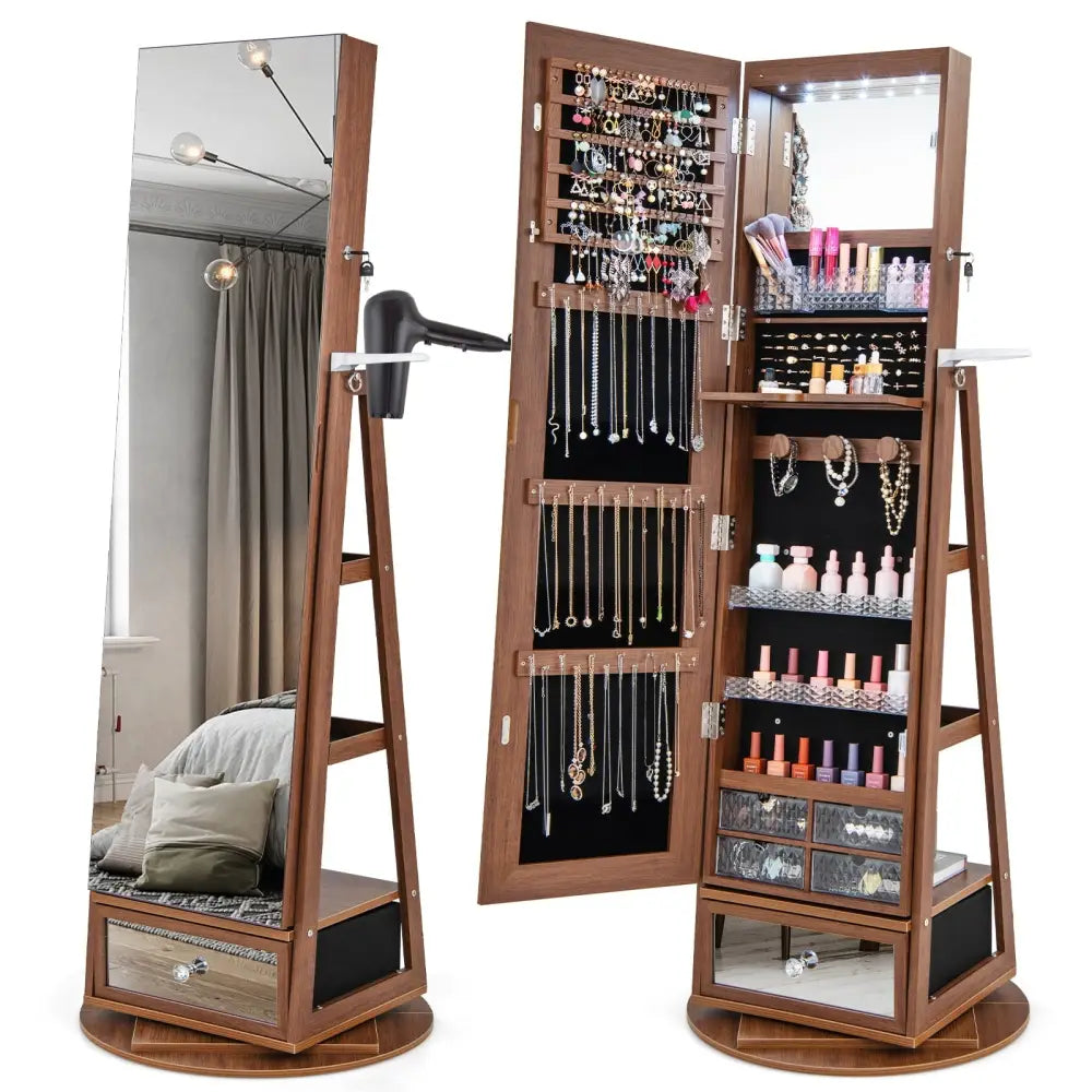 Lockable 360° Swivel Jewelry Cabinet with Full-Length Mirror LED Lights-Walnut - Walnut - Jewelry Armoires