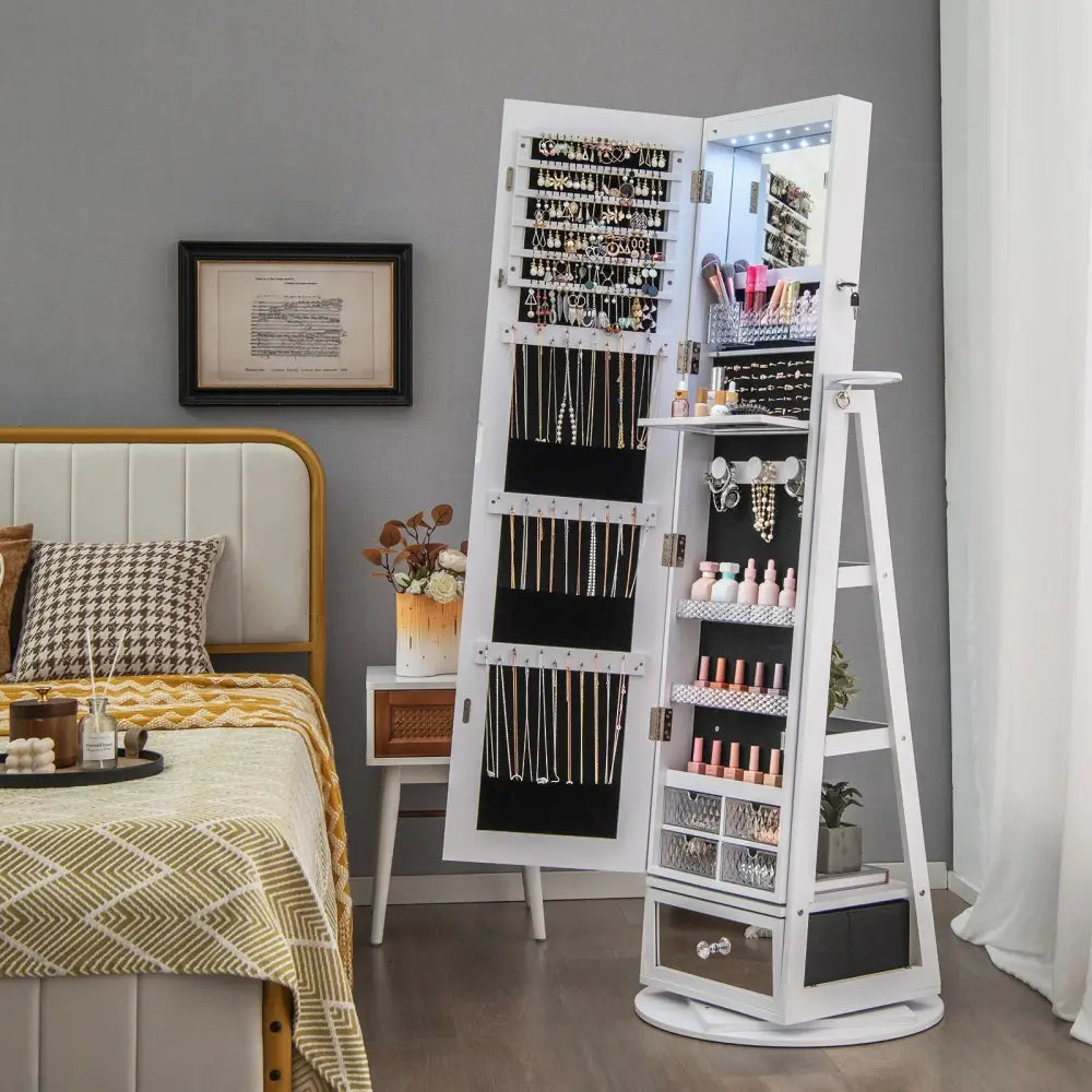 Lockable 360° Swivel Jewelry Cabinet with Full-Length Mirror LED Lights-White - White - Jewelry Armoires