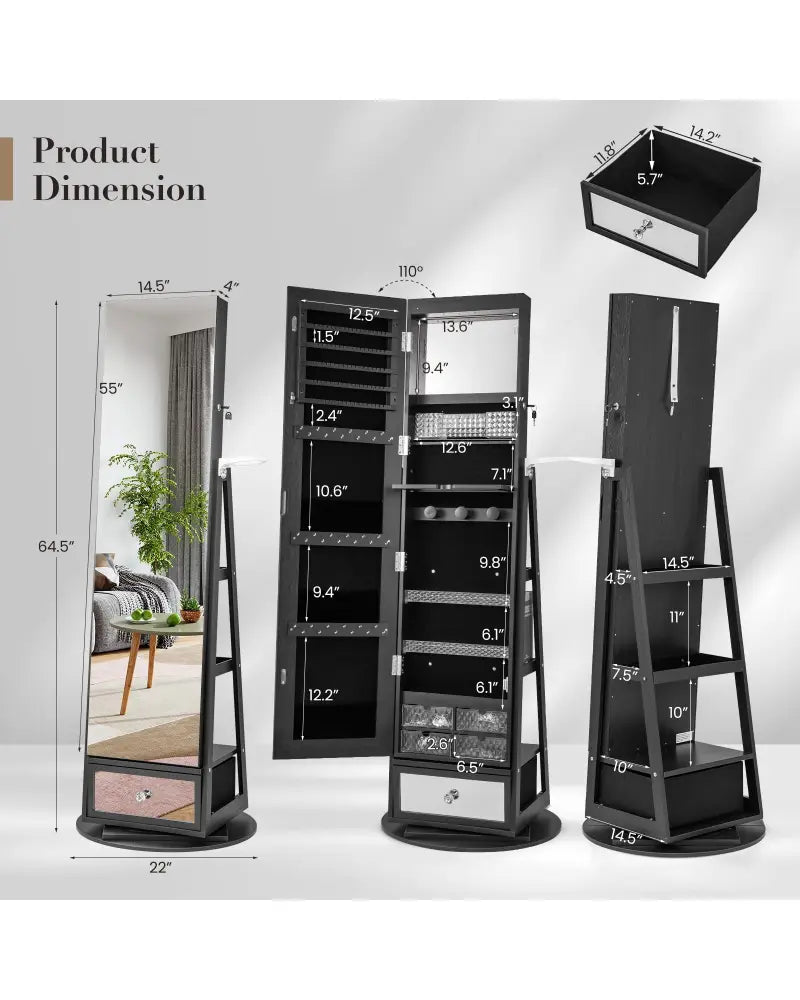 Lockable 360° Swivel Jewelry Cabinet with Full-Length Mirror LED Lights-Black - Black - Jewelry Armoires