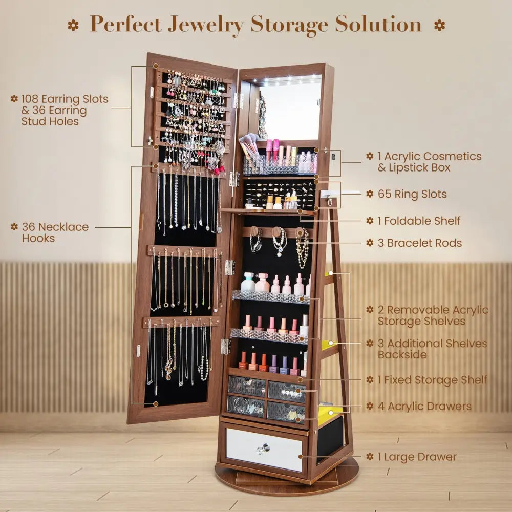 Lockable 360° Swivel Jewelry Cabinet with Full-Length Mirror LED Lights-Walnut - Walnut - Jewelry Armoires