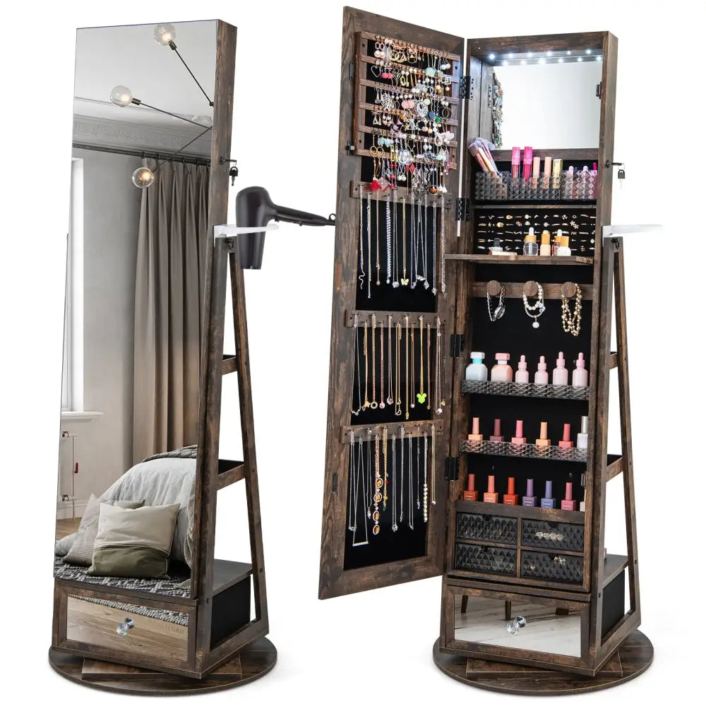 Lockable 360Â° Swivel Jewelry Cabinet with Full-Length Mirror LED Lights-Rustic Brown - Rustic Brown - Jewelry Armoires