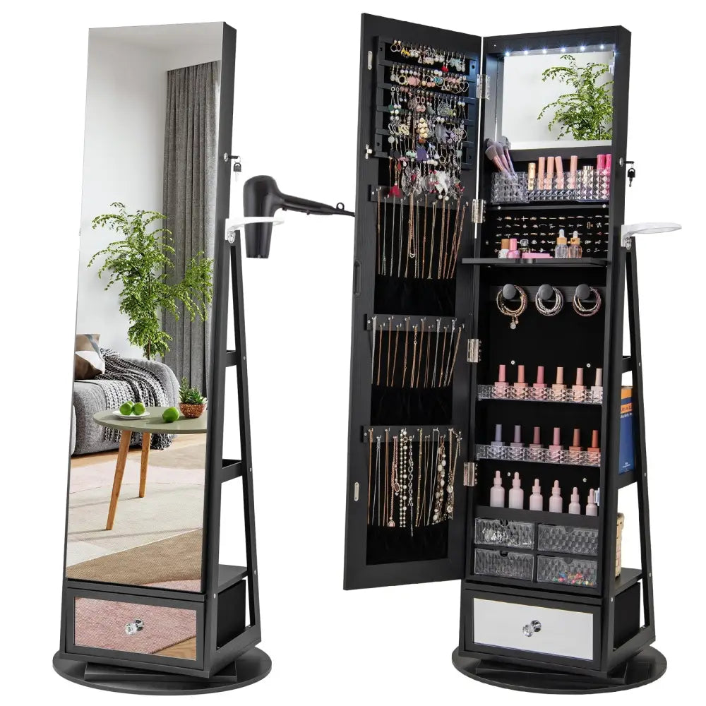 Lockable 360Â° Swivel Jewelry Cabinet with Full-Length Mirror LED Lights-Black - Black - Jewelry Armoires