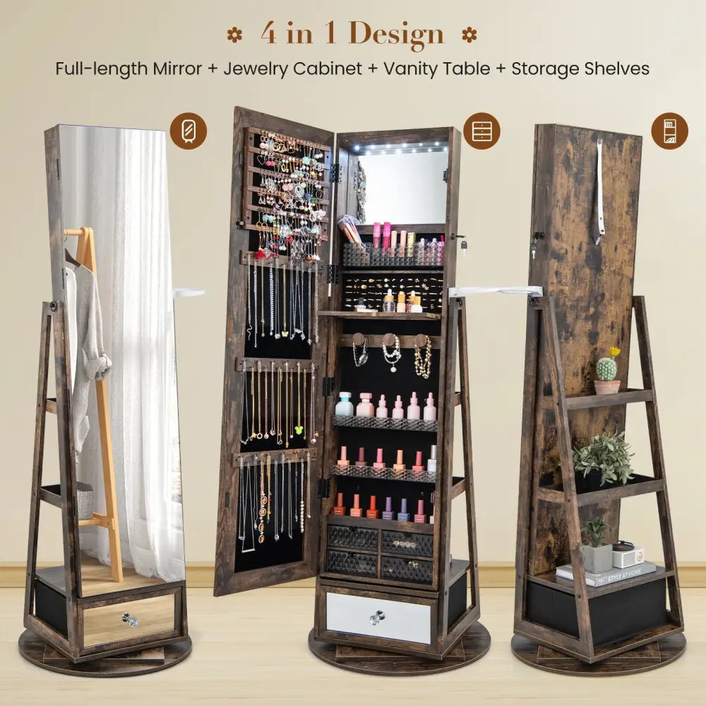 Lockable 360Â° Swivel Jewelry Cabinet with Full-Length Mirror LED Lights-Rustic Brown - Rustic Brown - Jewelry Armoires