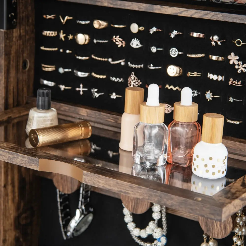 Lockable 360Â° Swivel Jewelry Cabinet with Full-Length Mirror LED Lights-Rustic Brown - Rustic Brown - Jewelry Armoires