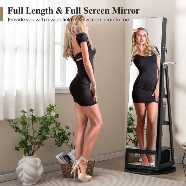 Lockable 360Â° Swivel Jewelry Cabinet with Full-Length Mirror LED Lights-Black - Black - Jewelry Armoires