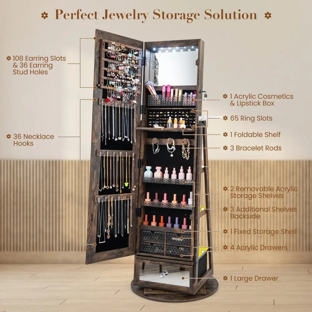 Lockable 360Â° Swivel Jewelry Cabinet with Full-Length Mirror LED Lights-Rustic Brown - Rustic Brown - Jewelry Armoires