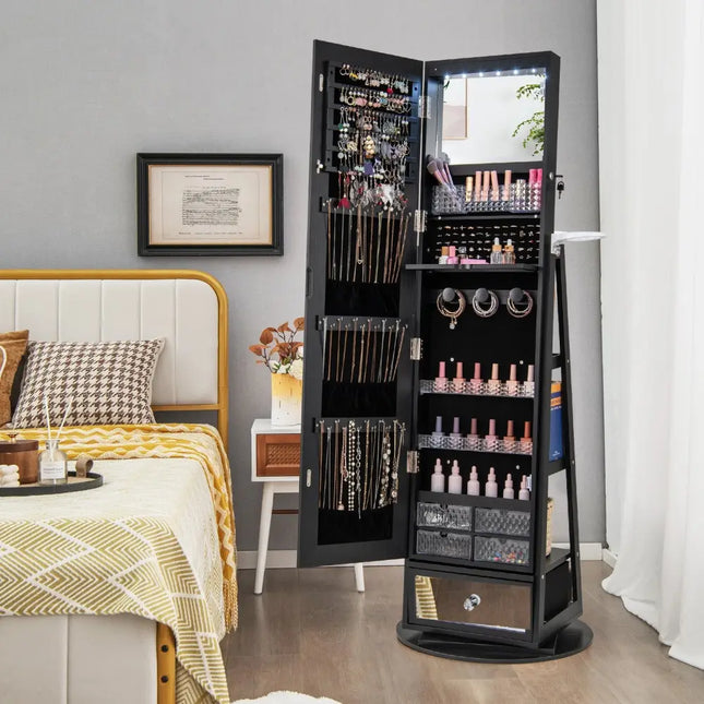Lockable 360Â° Swivel Jewelry Cabinet with Full-Length Mirror LED Lights-Black - Black - Jewelry Armoires