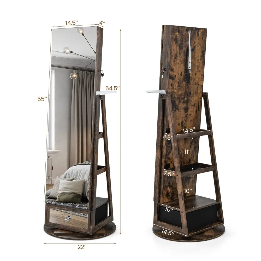 Lockable 360Â° Swivel Jewelry Cabinet with Full-Length Mirror LED Lights-Rustic Brown - Rustic Brown - Jewelry Armoires