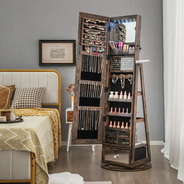 Lockable 360Â° Swivel Jewelry Cabinet with Full-Length Mirror LED Lights-Rustic Brown - Rustic Brown - Jewelry Armoires