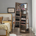 Lockable 360Â° Swivel Jewelry Cabinet with Full-Length Mirror LED Lights-Rustic Brown - Rustic Brown - Jewelry Armoires